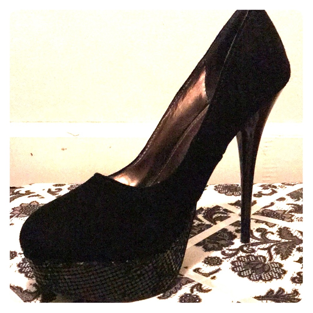 Express platform black suede heels